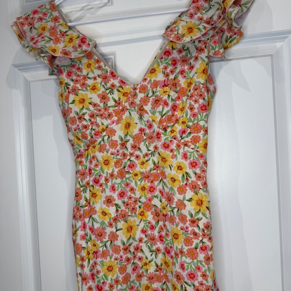 Altar'd State Mini Dress Pink Yellow Floral Tie Back Ruffle Size XS - Picture 4 of 9
